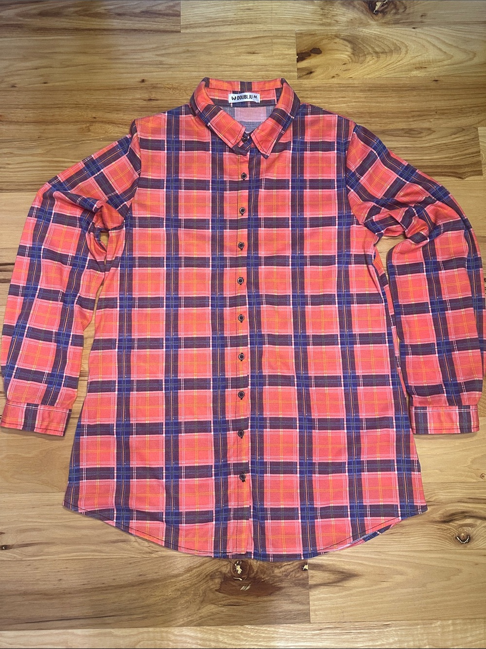 Doublju Coral and Navy Plaid Button-Down Shirt